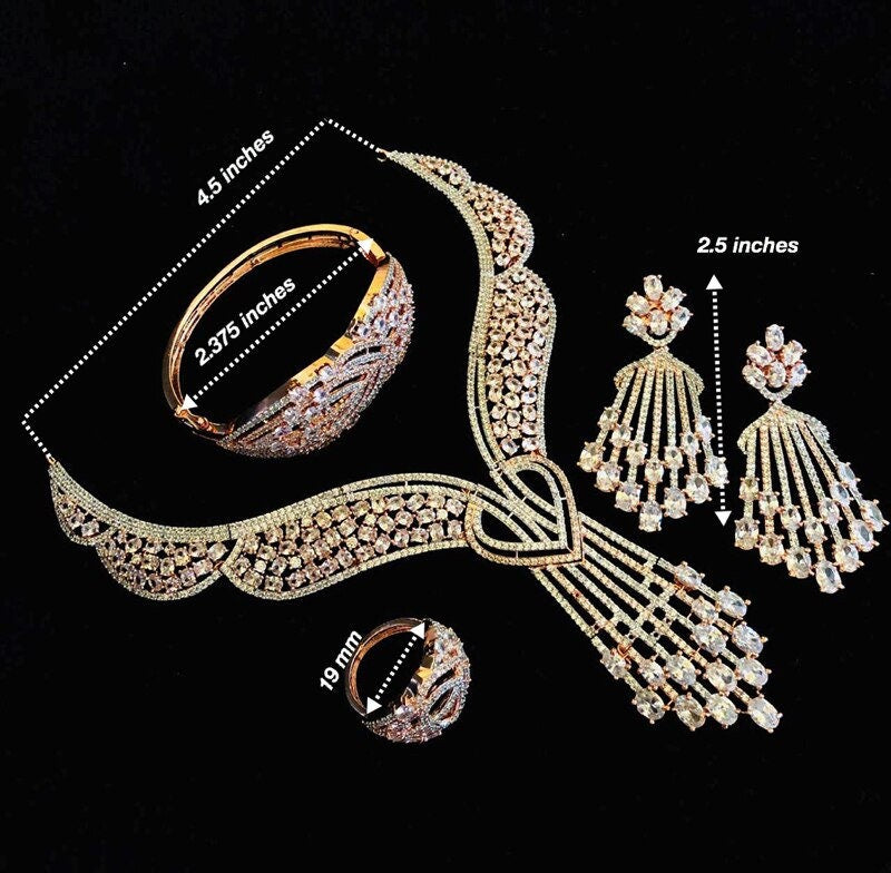 Rose Gold Plated Heavy American Diamond Combo Necklace Set with Bracelet and Ring