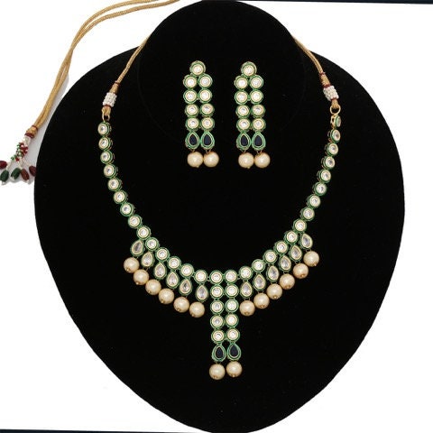 White Kundan Stone Pearl Beads Necklace Earrings Wedding Fashion Handmade Set