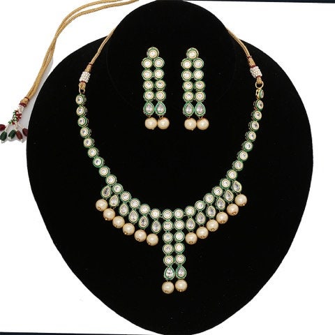 White Kundan Stone Pearl Beads Necklace Earrings Wedding Fashion Handmade Set