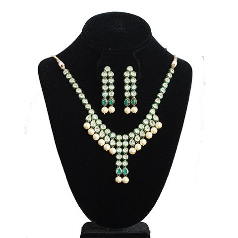 White Kundan Stone Pearl Beads Necklace Earrings Wedding Fashion Handmade Set