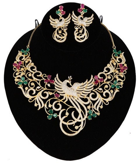 Peacock Designed Indian Bollywood AD Wedding CZ with White stones Bridal Fashion Jewelry Necklace Set