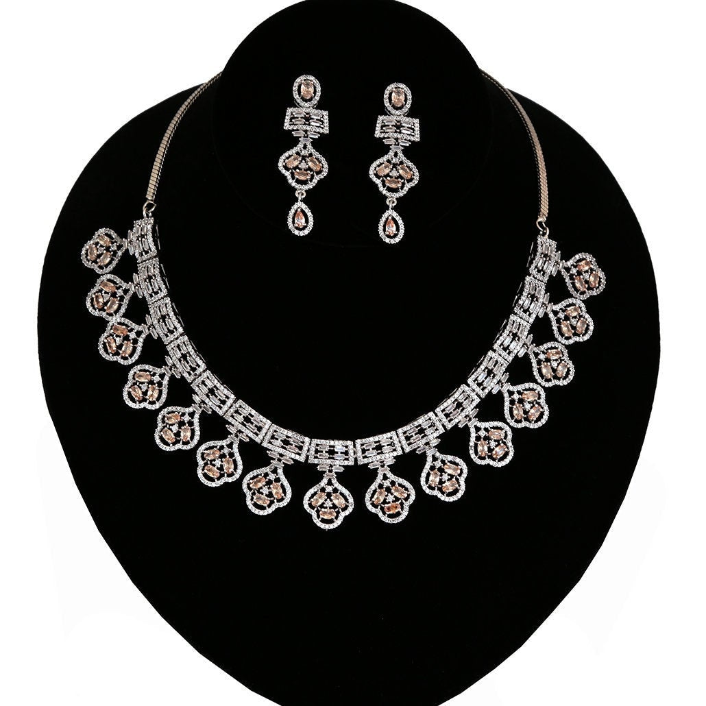 Rhodium Plated Indian American Diamond Cubic Zirconia CZ Bridal Necklace with Matching Eardrops