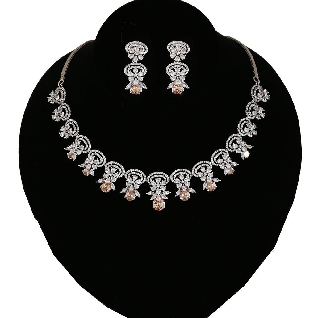 Floral Teardrop Art Deco White CZ Cubic Zirconia Necklace Earrings Jewelry|American Diamond Jewelry