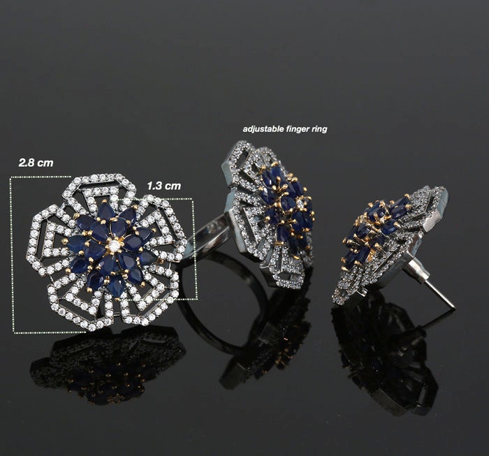 Top Quality Dark Blue Sapphire CZ Simulated Diamond Stud earrings and Adjustable Finger Ring