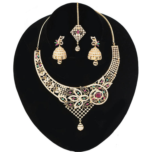 Multicolor CZ Heavy Gold plated Light Weight Necklace Jhumka Earrings