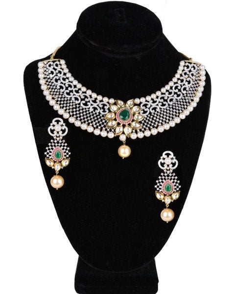 Indian Wedding Bridal necklace jewelry set with synthetic Ruby Red,Emerald Green stones and faux pearls