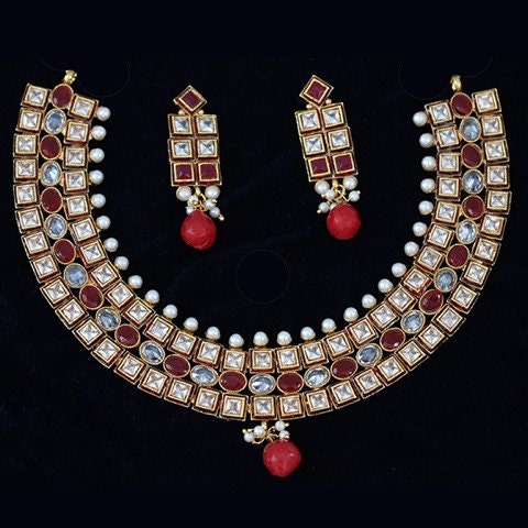 18K White Pearl Trendy High Quality Semi Bridal Kundan Necklace Jewelry Set