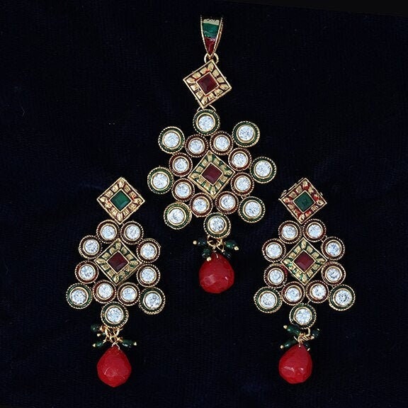 Indian Pakistani Ethnic Antique Gold Finish Kundan Pendant Set Bollywood Bridal jewelry