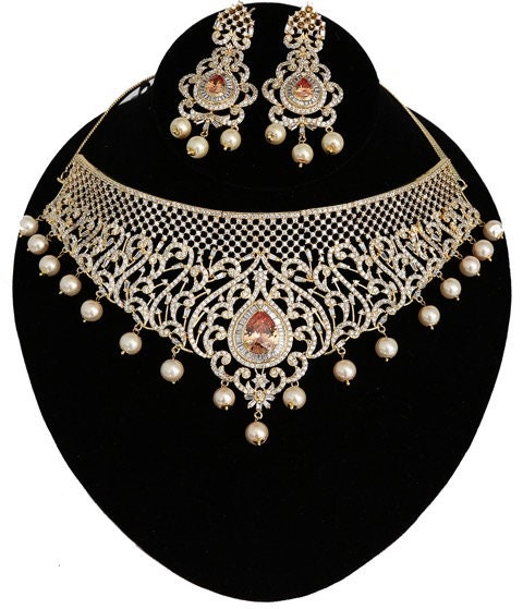 Gold plated Indian Bollywood AD Pearl Wedding CZ with White Ruby Emerald Topaz Bead stone Bridal Fashion Jewelry Necklace Set