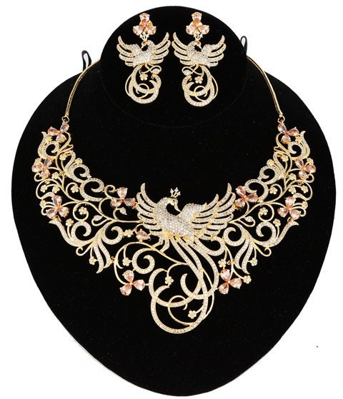 Peacock Designed Indian Bollywood AD Wedding CZ with White stones Bridal Fashion Jewelry Necklace Set