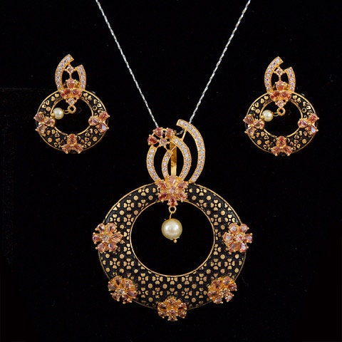 Exclusive Meenakari Pearl Gold Plated Pendant Earring Set/Bridal fashion CZ pendant Earrings