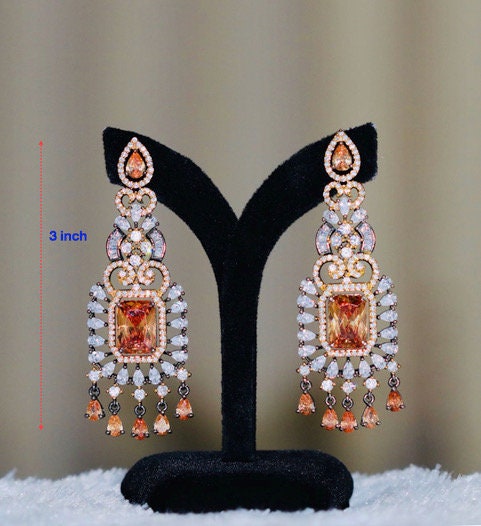 Vintage ethnic Octagon cut glass crystal antique clear rhinestone long drop dangle earrings