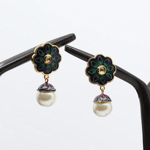 Stud Designed Meenakari Earrings with Kundan Stone and Pearl Drop Bollywood Fashion Jewelry