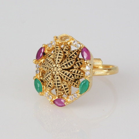 Multicolor CZ gold plated flowery designer fashion adjustable finger ring in one gram gold
