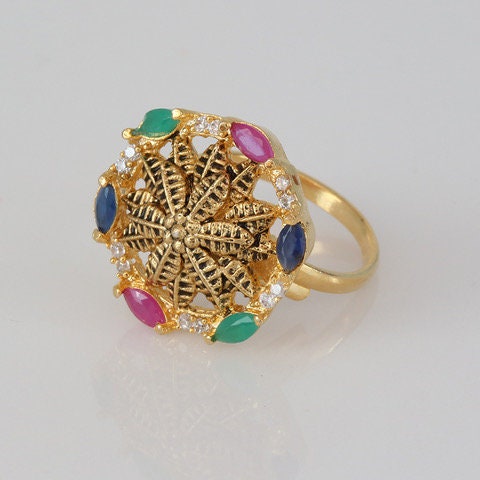 Multicolor CZ gold plated flowery designer fashion adjustable finger ring in one gram gold