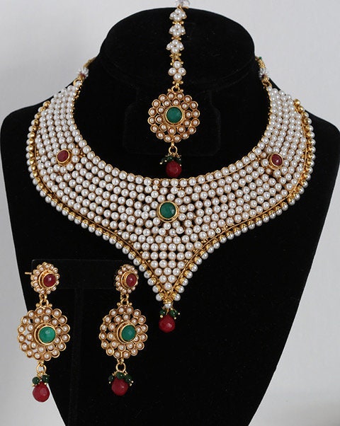 Bollywood Designer Indian Wedding Bridal Party Wear Pearl Studded Fashion Jewelry Necklace Set