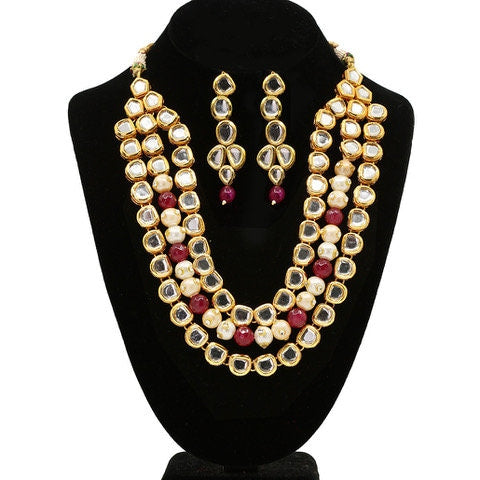 3 Layered Kundan Faux Pearl Beaded Bollywood Traditional Indian Jewelry
