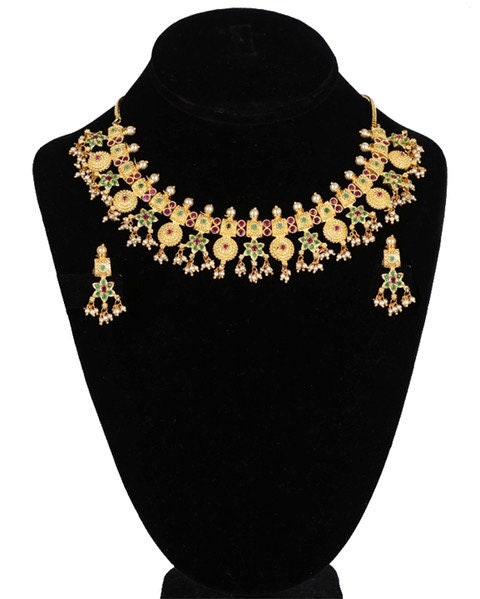 Wedding Bridal Polki kundan gold plated Necklace earrings Set sparkling jewelry|Indian Jewelry| Ruby Red,Emerald and Pearls