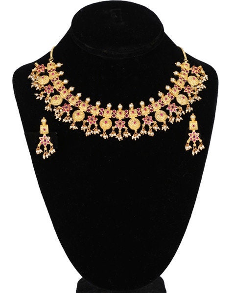 Wedding Bridal Polki kundan gold plated Necklace earrings Set sparkling jewelry|Indian Jewelry| Ruby Red,Emerald and Pearls
