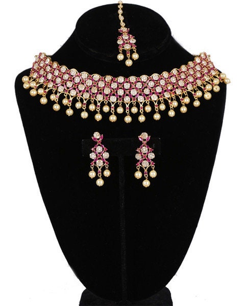 American Diamond bridal necklace set synthetic Ruby,Emerald,Sapphire Blue,Clear stones and faux pearls with matching Tikka
