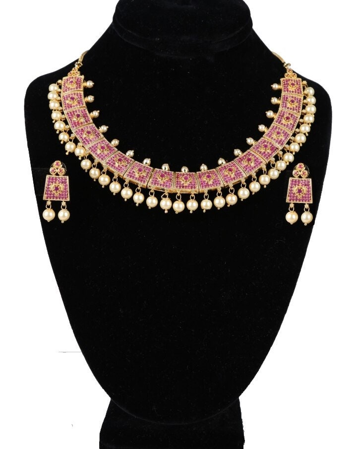 Stunning American Diamond CZ Bridal Necklace Set With Rubies and Pearls