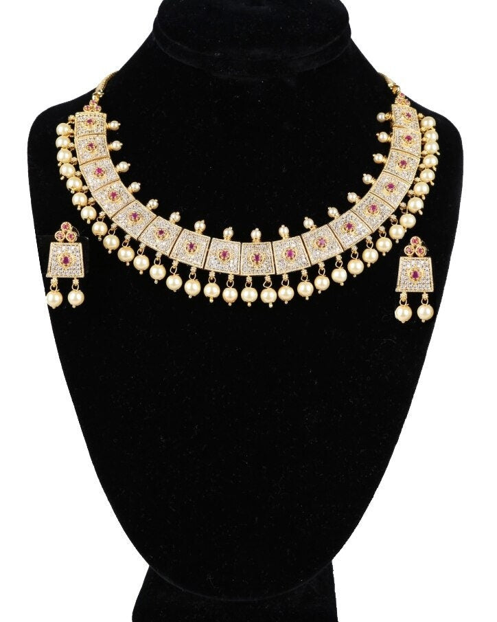 Stunning American Diamond CZ Bridal Necklace Set With Rubies and Pearls
