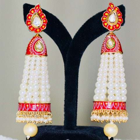 Latest Design Jhumka Earrings from India in Red Stone for Special Occasions  - VedIndia.com