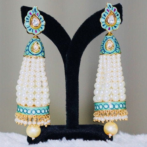 Long Jhumka Gold plated CZ Meena Enamel work Kundan stone Pearl beaded traditional dangling earrings