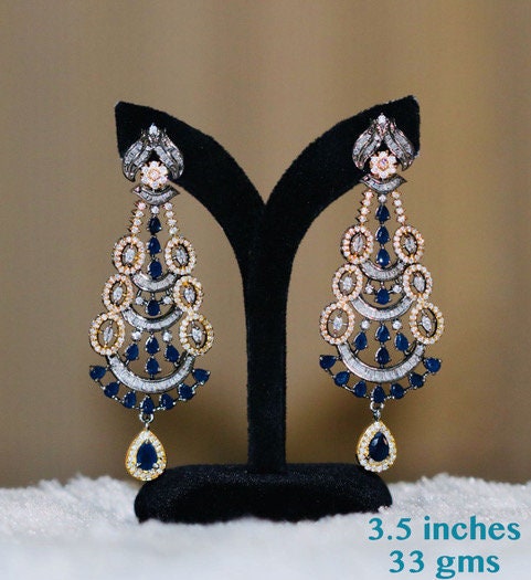 Antique Gold Emerald CZ Crystal chandelier Earrings bridal jewelry | Wedding tear-drop Statement earrings | Trendy Earrings Indian Designs