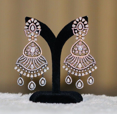 Two Tone Silver Golden Plated Antique Finish Oxidized Earrings with Clear Stones