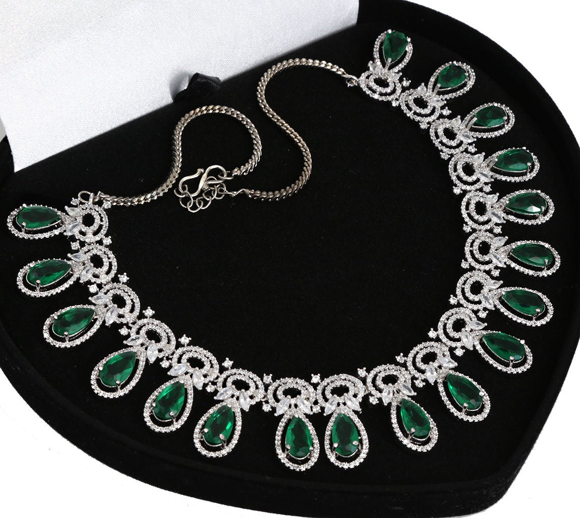 Wedding Wear Emerald Zircon and White Stone studded Rhodium Plated Luxury Jewelry