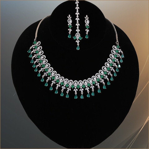 Emerald Ruby and White American Diamond studded Rhodium Plated Wedding Bridal Jewelry CZ Set