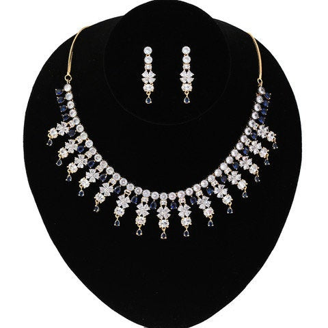 Grand Bridal Choker CZ Jewelry Gold Plated Sapphire Blue Stone studded Necklace