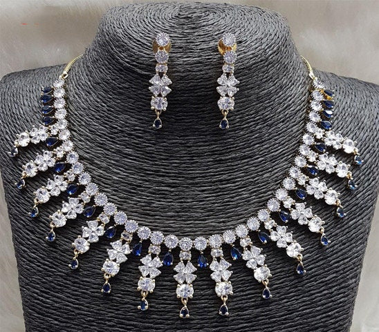 Grand Bridal Choker CZ Jewelry Gold Plated Sapphire Blue Stone studded Necklace
