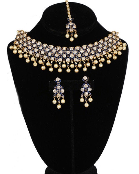 American Diamond bridal necklace set synthetic Ruby,Emerald,Sapphire Blue,Clear stones and faux pearls with matching Tikka
