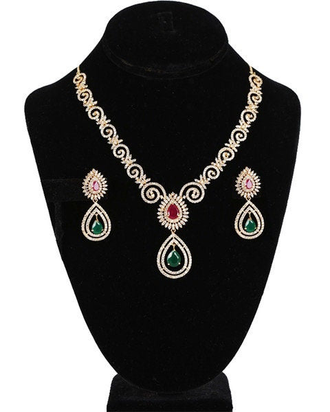 American Diamond Sapphire Blue,Ruby,Emerald,White CZ Zircon Fashion Jewelry Set Necklace Earrings for Women