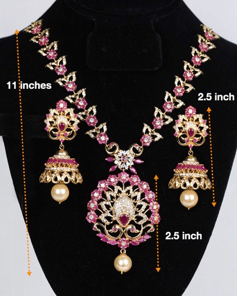Ruby color stone studded jewelry necklace Jhumka earring set