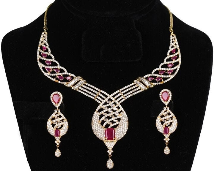 Indian CZ AD Ethnic Gold Tone decorated ruby stone Bollywood Necklace Bridal Jewellery