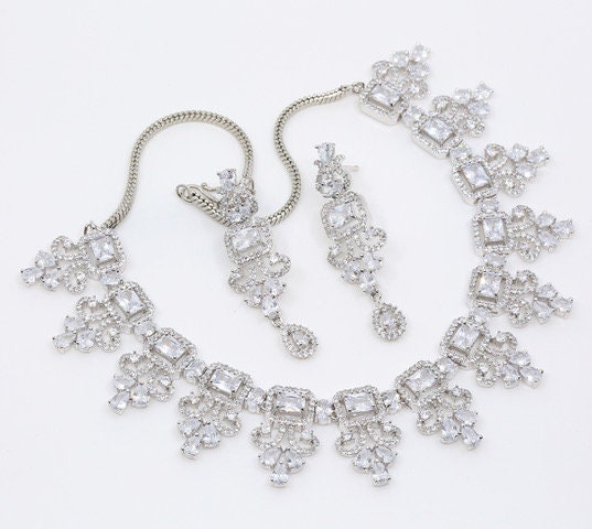 Wedding Prom Gift Bride Jewelry Brass Rhodium Plated Clear CZ Necklace Earrings