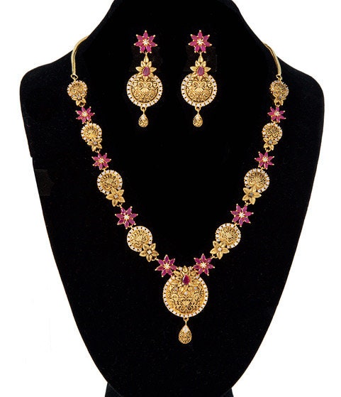 AD Stones Floral Design Indian Antique Imitation Jewellery Gold Finish with White CZ Wedding Necklace