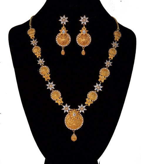 AD Stones Floral Design Indian Antique Imitation Jewellery Gold Finish with White CZ Wedding Necklace