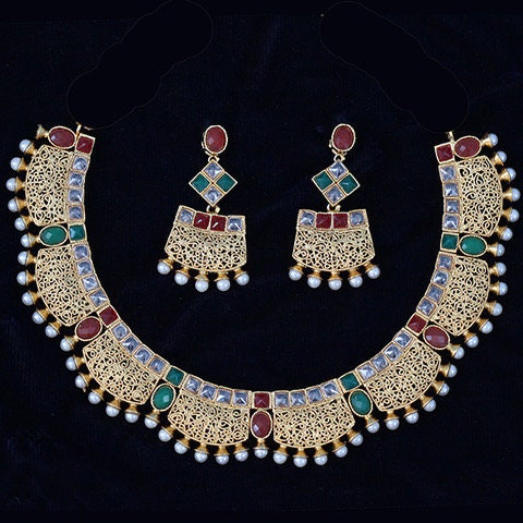 Multicolor Stone Studded High Quality Semi Bridal Traditional Kundan Necklace