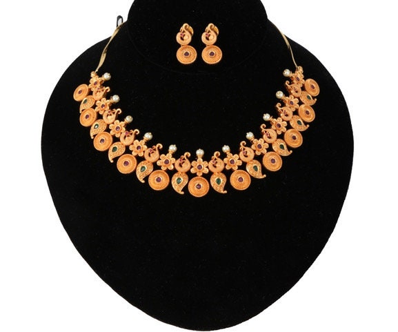 1 Gram Gold Indian jewelry | Mango gold necklace | Floral design decorated with ruby emerald white stones