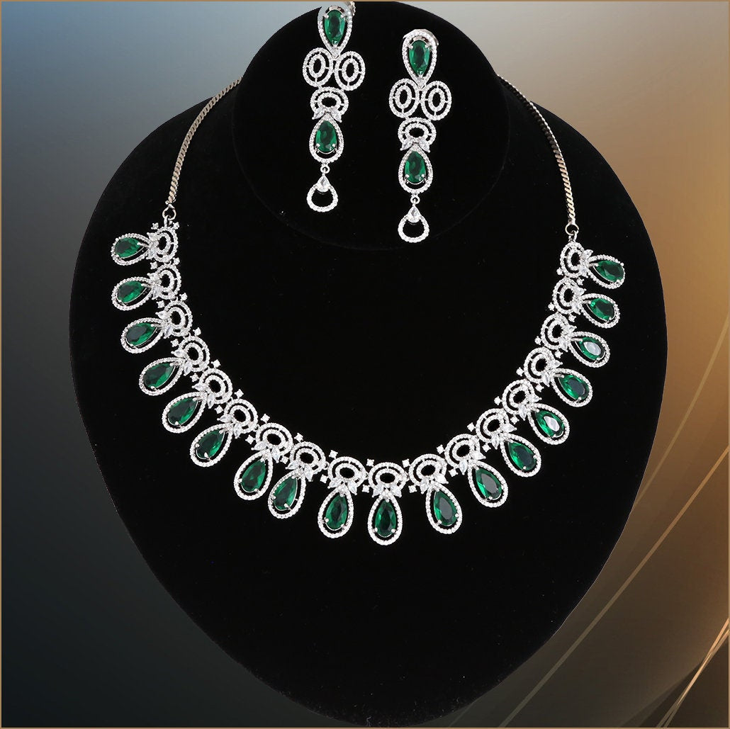 Wedding Wear Emerald Zircon and White Stone studded Rhodium Plated Luxury Jewelry