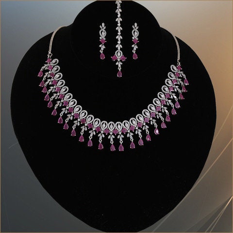 Emerald Ruby and White American Diamond studded Rhodium Plated Wedding Bridal Jewelry CZ Set
