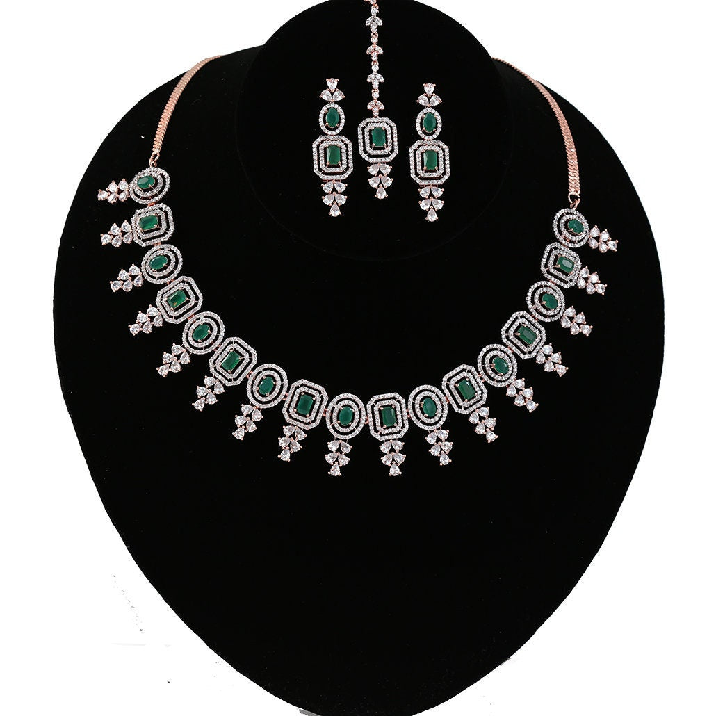 Indian Rose Gold Wedding Gift Bride Jewelry Emerald Ruby Topaz and White CZ Necklace