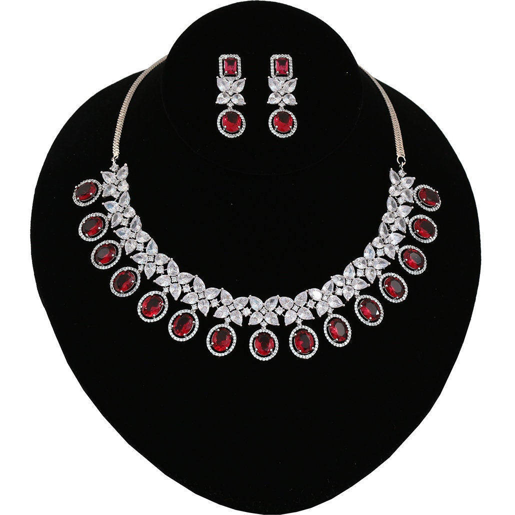 Party Wear CZ Diamonds Reddish Pink Stone Rhodium Plated Choker Necklace