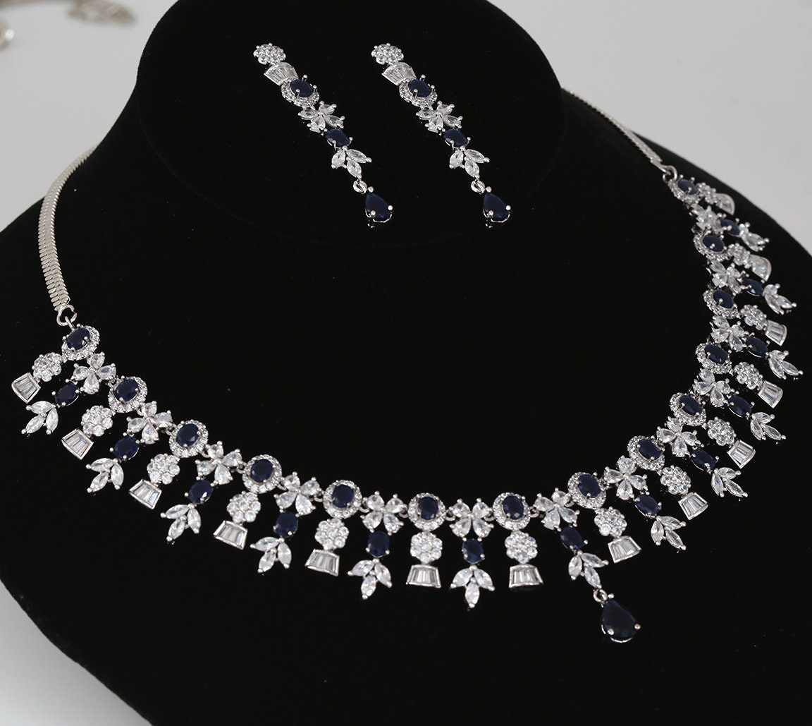 Diamond CLEAR CZ Stone Silver Finish Crystal-work Necklace Indian Fashion wedding bridal jewelry