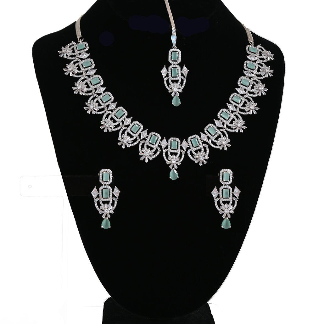 American Diamond Silver/Rhodium Plated CZ Mint/Pink/Green/Ruby Diamond Necklace maang tikka set |Indian/Pakistani Wedding Party wearJewelry