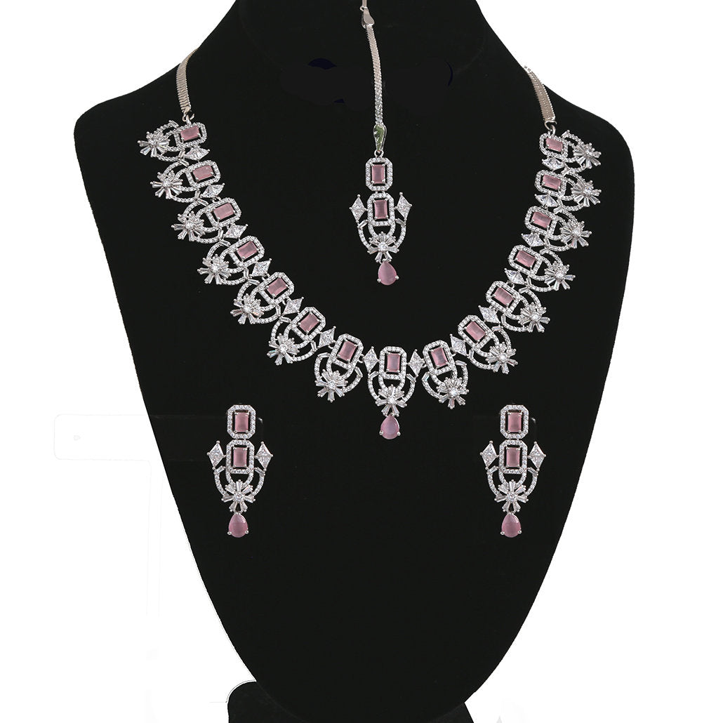 American Diamond Silver/Rhodium Plated CZ Mint/Pink/Green/Ruby Diamond Necklace maang tikka set |Indian/Pakistani Wedding Party wearJewelry